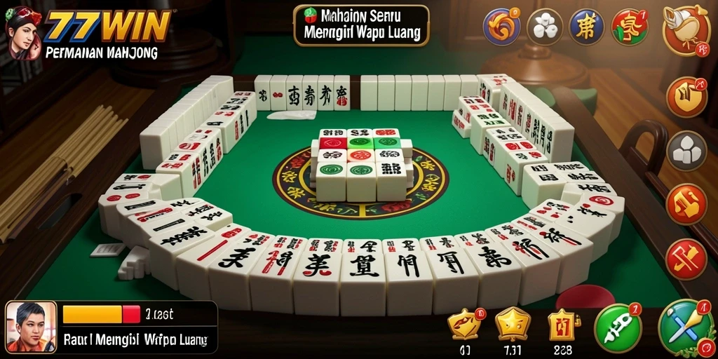 Tampilan gameplay seru dari 777WIN dengan ubin Mahjong yang berwarna-warni.