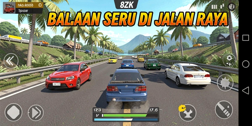 Screenshot gameplay 8ZK yang menunjukkan mobil balap dalam aksi.