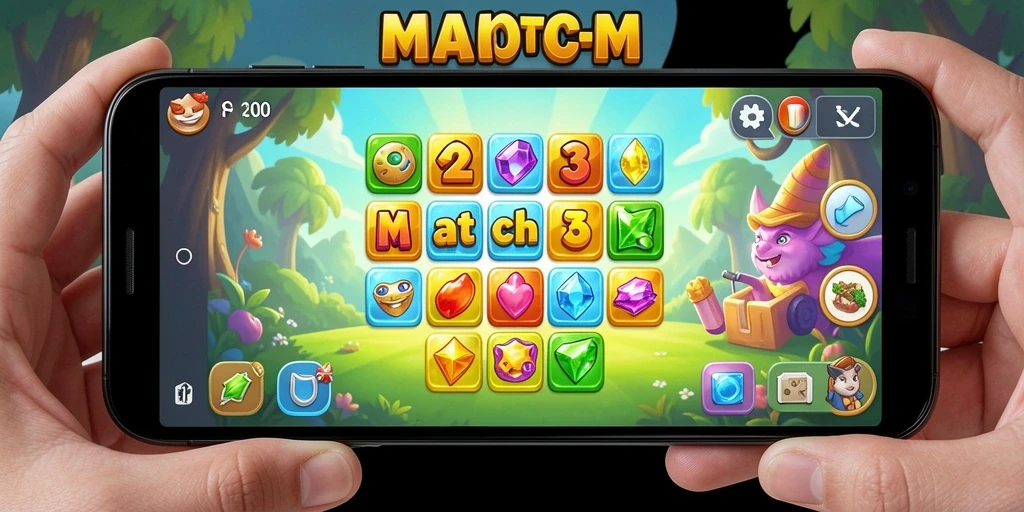 Screenshot gameplay F200M menampilkan aksi seru dan mencocokkan objek.