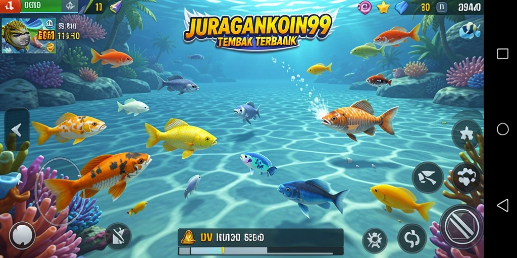 Gameplay seru di JURAGANKOIN99 dengan ikan berwarna-warni.