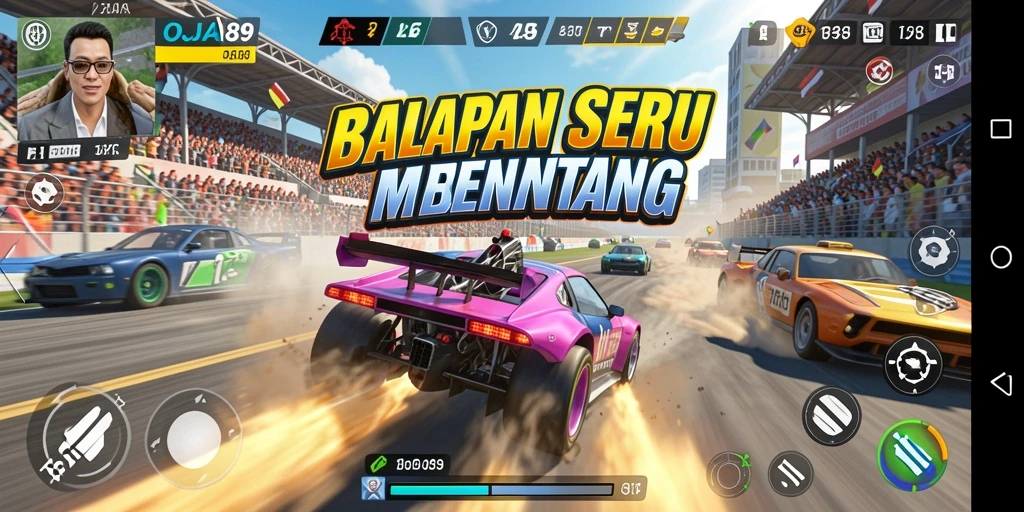 Gameplay OJA89 menampilkan balapan penuh aksi dengan mobil kencang.