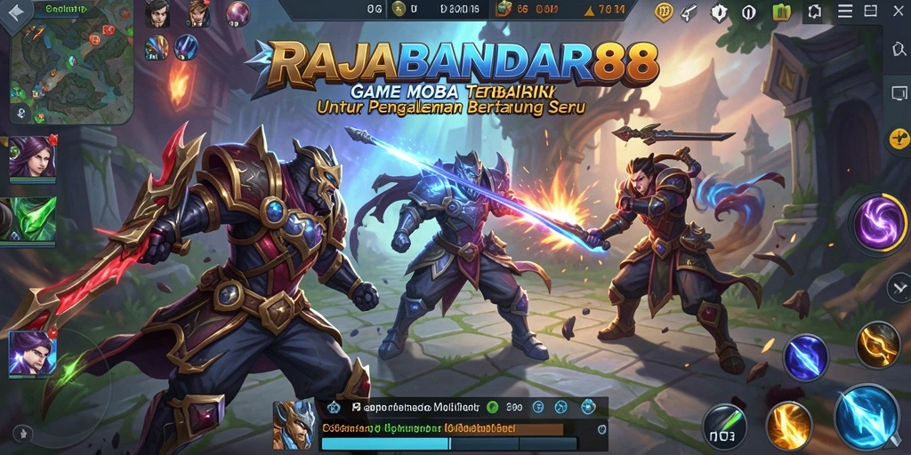 Screenshot gameplay seru RAJABANDAR88 menampilkan pertempuran MOBA yang intens.